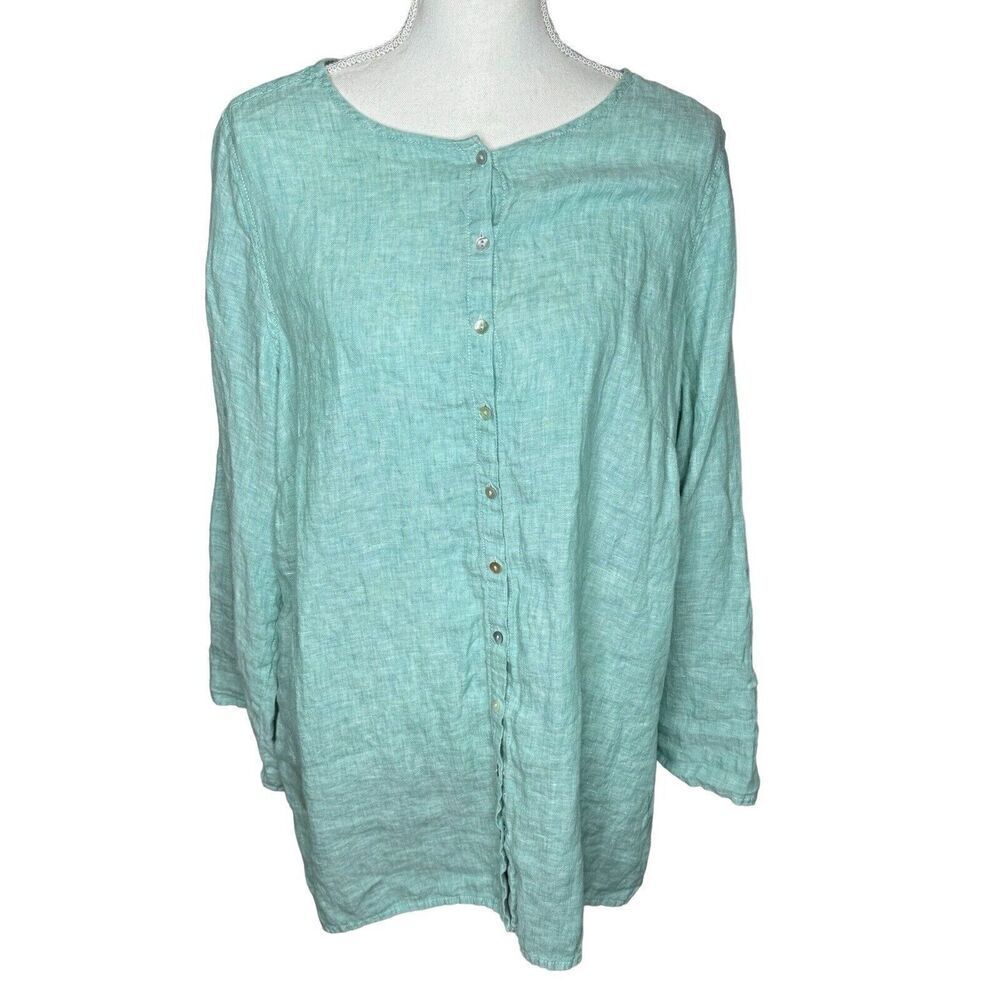 Tahari Womens 100% Linen Lagenlook Oversized Tunic Top Green Sz 1X